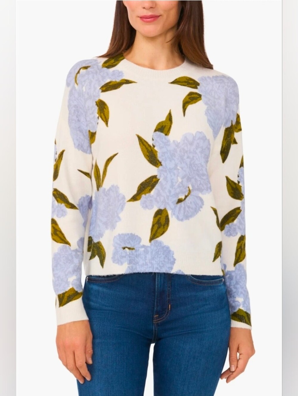 CeCe Crewneck Hydrangea Print Sweater Ribbed Cuff Hem Sz Medium Cottagecore